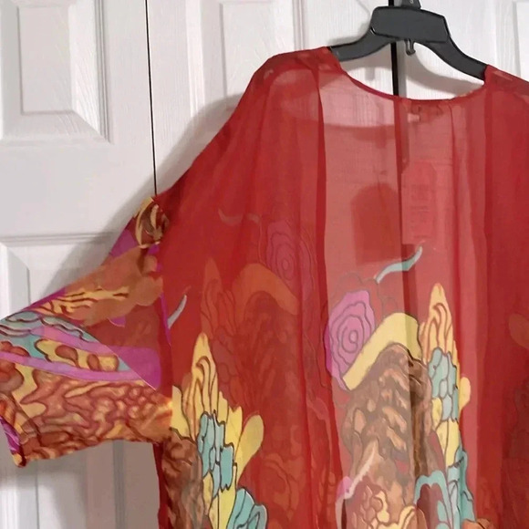 Anandas red fringe floral & birds wrap shawl cover cardigan top FREE size - Picture 6 of 13